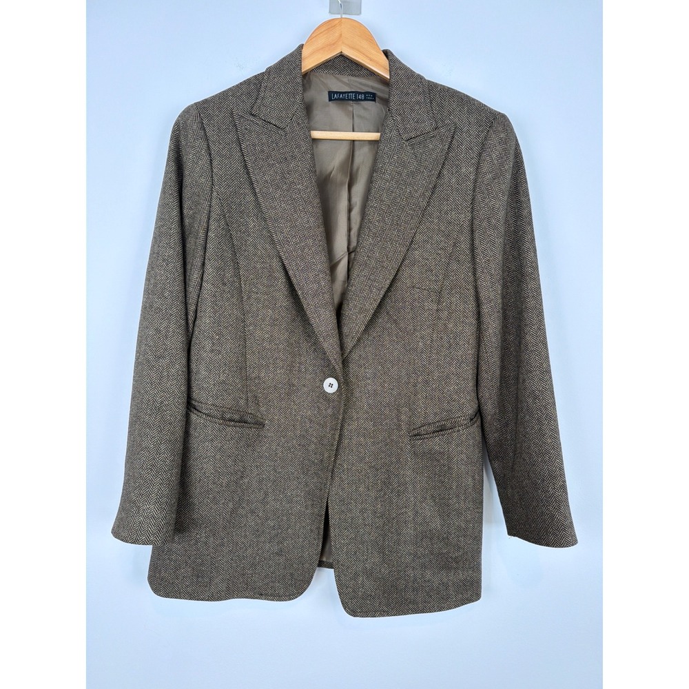 Lafayette 148 Blazer Women 8 Brown Herringbone Wool Silk Cashmere Preppy Luxury